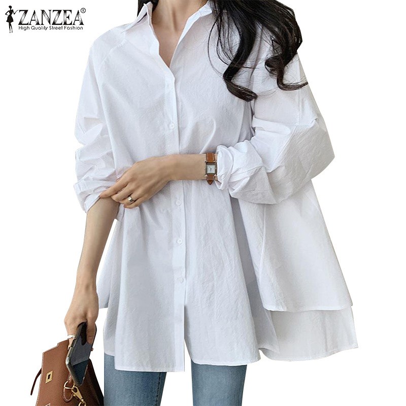 ZANZEA Women Casual Long Sleeve Button Down Irregular Hem Korea Blouse