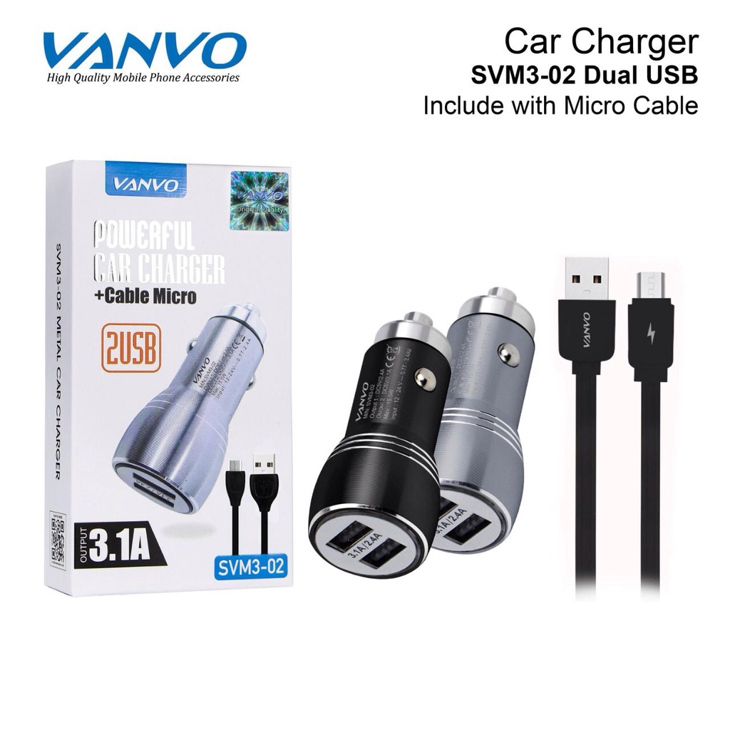 CHARGER MOBIL/CAS MOBIL/SAVER VANVO METAL+KABEL MICRO SVM3-02 CAR CHARGER MOBIL DUAL USB 3.1A