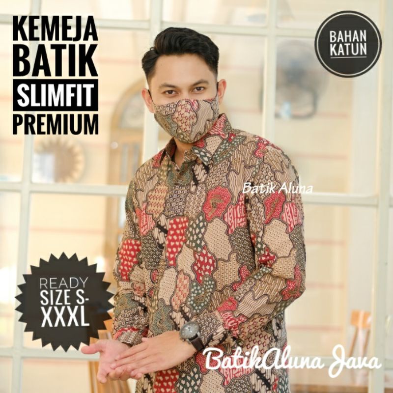 Batik Pria Modern Lengan Panjang Lapis Furing Premium Keren Kemeja Batik Cowok Katun Free Masker