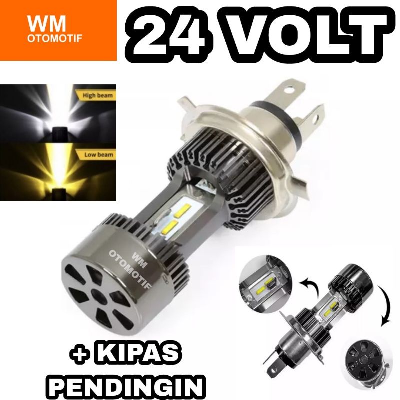 Lampu LED Depan 24 Volt H4 Utama Angel Kipas Pendingin Laser Gun 90 Watt D2 High Low 2 Warna Putih Kuning Truk Bus Fuso Canter Tronton PnP BA20D Jauh Dekat Dim Hi Lo Kaki Tiga Truck Bis Universal PnP Cooler Alat Berat Pabrik