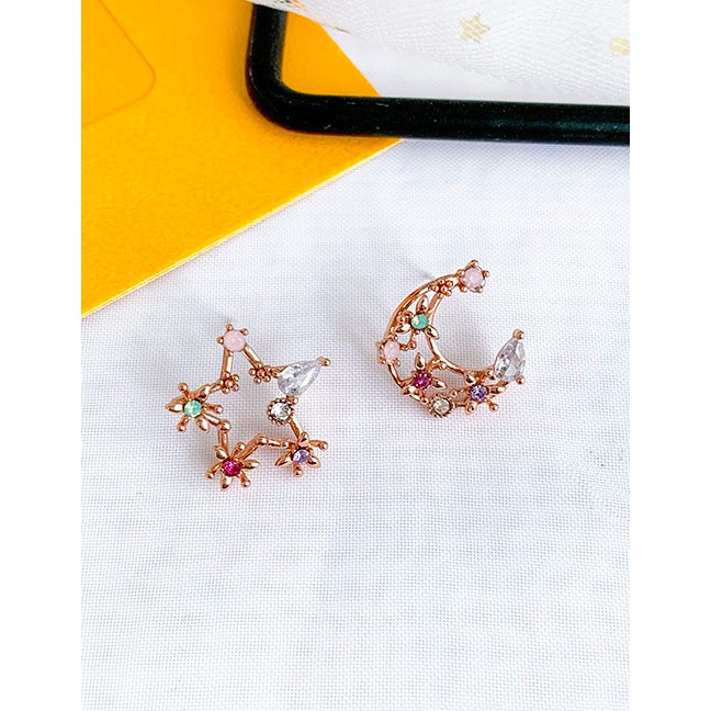 LRC Anting Tusuk Fashion Rose Gold Asymmetric Stud Earrings With Diamonds And Stars D94124