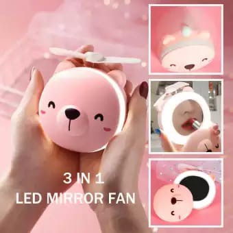 cermin kipas led portable fan Cartoon Cosmetic Mirror Gift Makeup LED Light 3 In 1 USB Charging