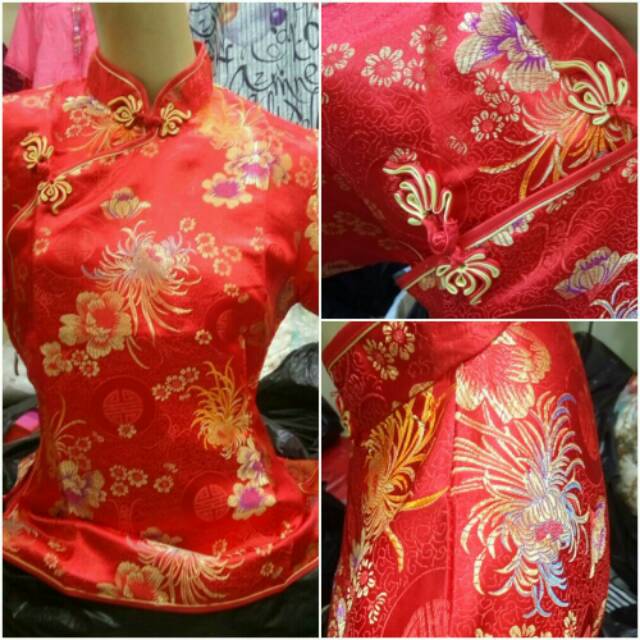 ReStock Qipao Blouse Wanita Motif Kembang Merah