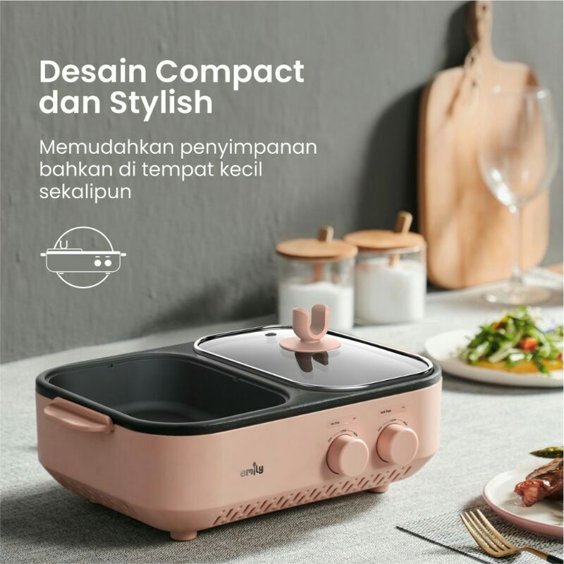 Emily 2 in 1 Electric Grill &amp; Hot Pot 1 Liter / Pemanggang BBQ &amp; Perebus Makanan