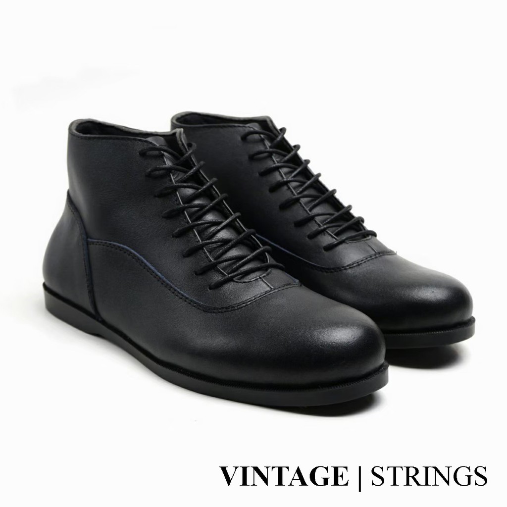 Vintage - Strings Black Sepatu Boots Kulit Asli Kasual Kerja Kuliah Bikers Pria/Cwok/Men - Boot Reyl