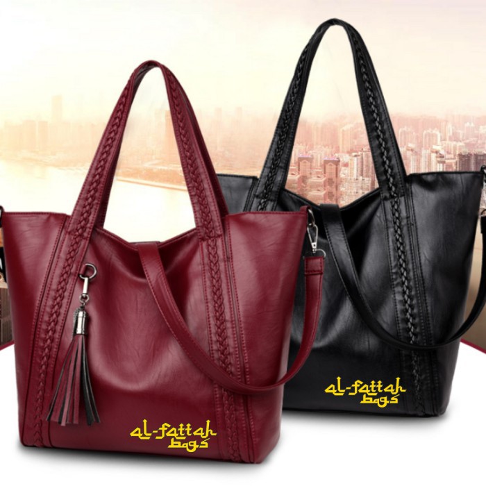 Tas wanita import set handbag tas bahu tas selempang kulit PU 124 - Maroon