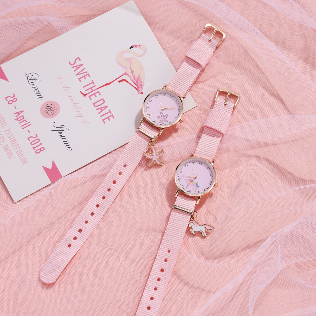 Jam Tangan Wanita Remaja Harajuku Nylon PINK EDITION Korean Style Strap Canvas Motif Unicorn Fashion Import