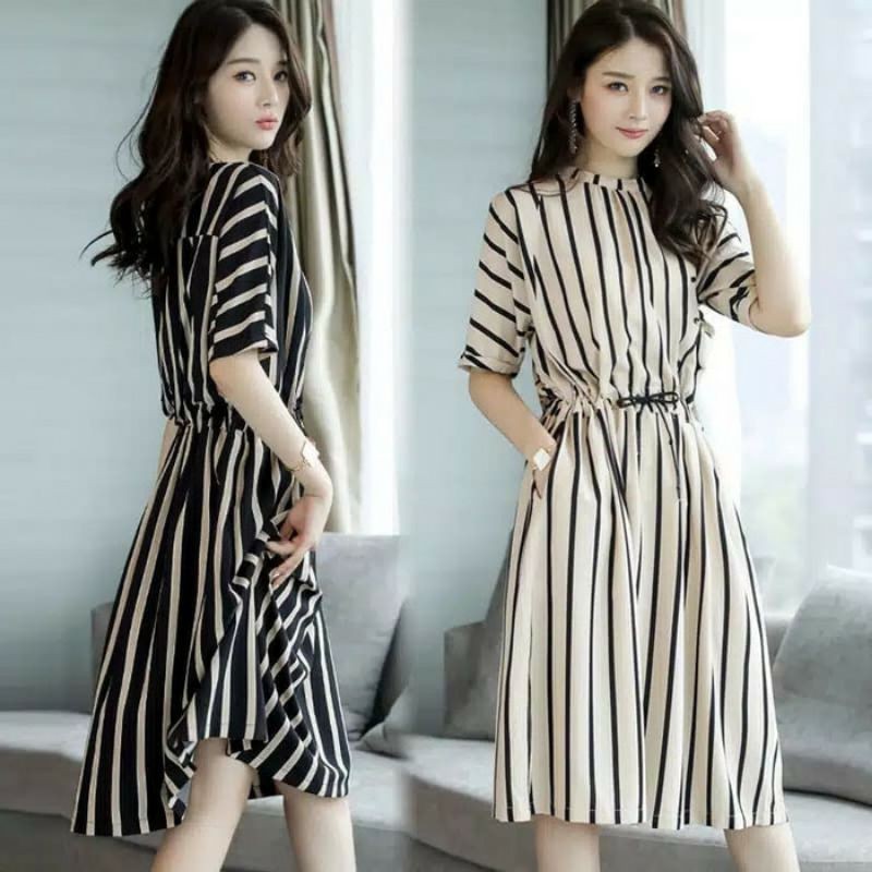 YSO Baju Wanita Midi Dress Import Stripe Salur Korea Dress Korean Style