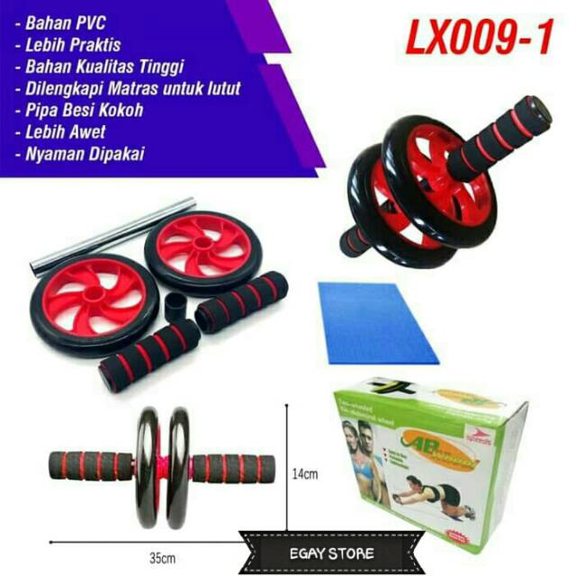 [ALAT FITNESS] Pengencang Otot Bahu Lengan Perut Roll Gym Double AB Wheel Roda Exerciser + Matras AB