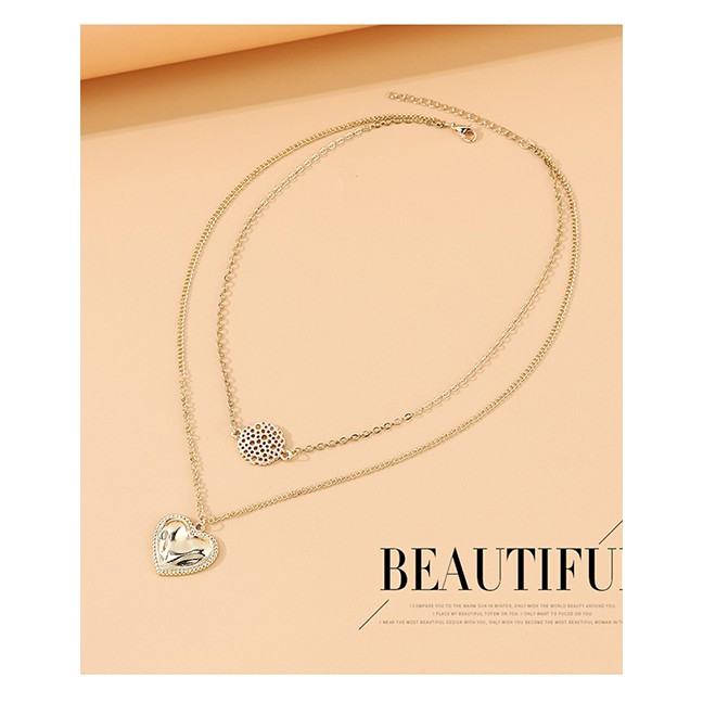 LRC Kalung Fashion Golden Love Round Hollow Alloy Double Necklace Y64435