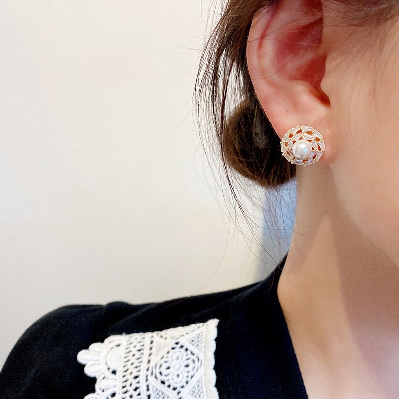 Shuling S925 silver needle Zircon Stud Earrings Cute Circle Earrings Female High Sense Pearl Earrings