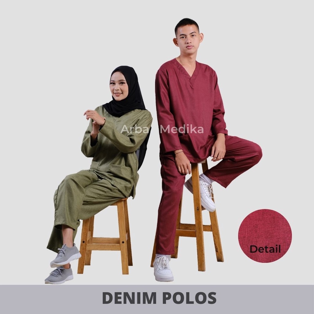 Baju Ok Oka Denim Dokter Scrub Medis Perawat Lengan Panjang