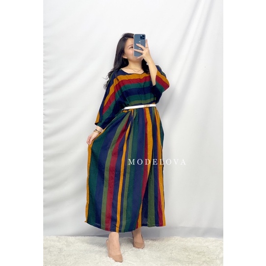 MDLV ~ 79001# Rainvania Loose Dress Big Size Dress Oversize Dress Garis Dark Collor Dress Maxi Fashion Import