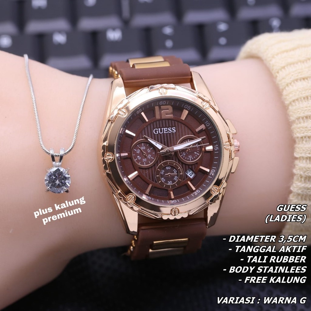 JAM TANGAN WANITA GUESS TALI RUBBER BODY BULAT TANGGAL AKTIF FREE KALUNG