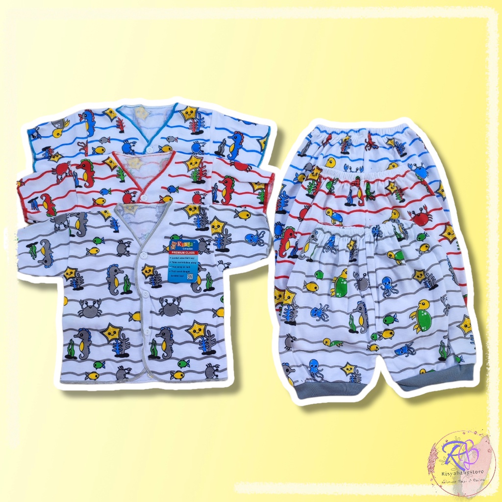 18 pcs/ 9 stel baju bayi motif ocean / Hampers baju bayi hemat murah SNI