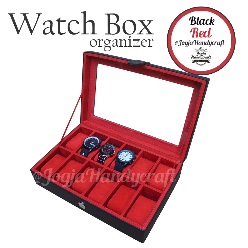 Black Red Watch Box Organizer For 12 Watches