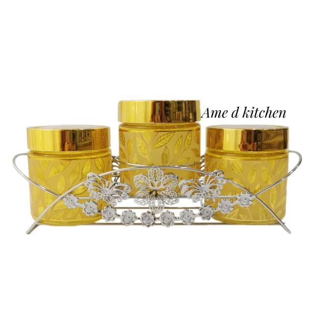 Toples set kaca lebaran isi 3 daun kuning tutup bunga + rak stenliss