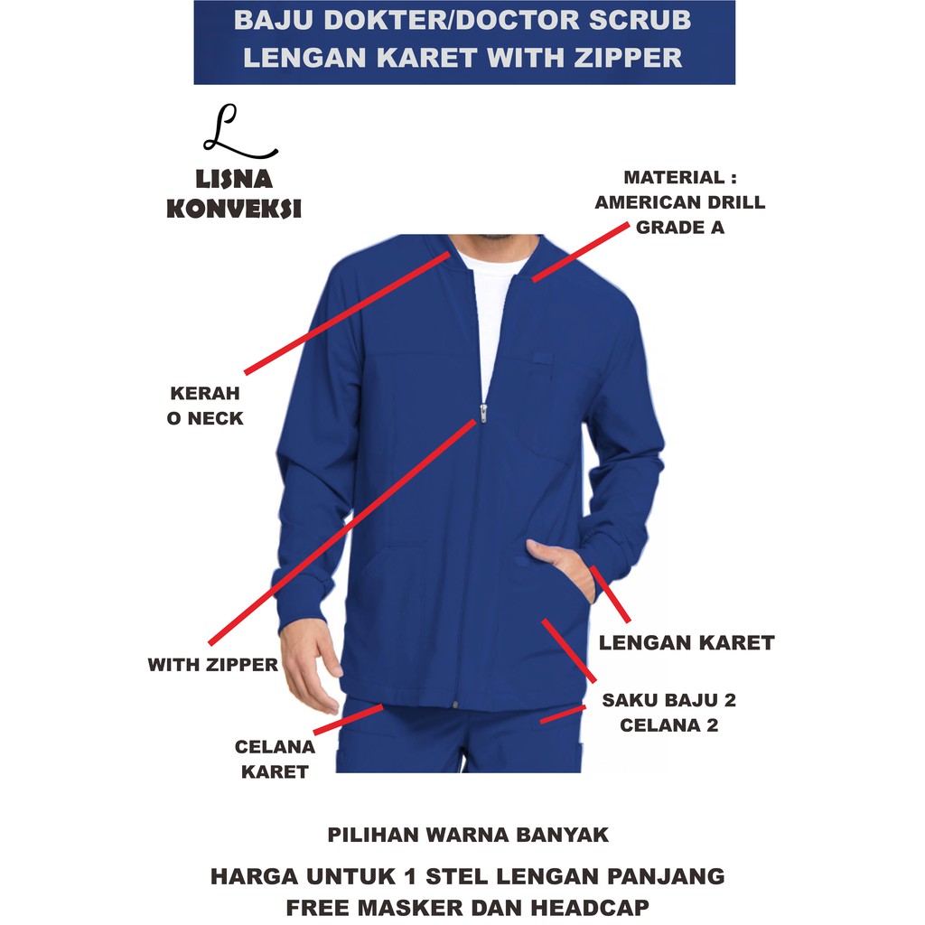 Baju Dokter OKA Doctor Scub Lengan Panjang Karet With Zipper XS-XL