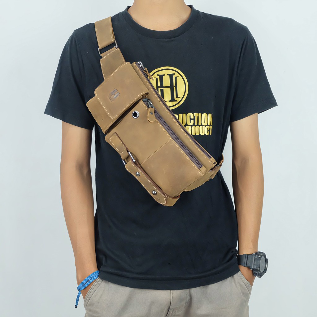 Tas Selempang Kulit Asli CrazyHorse VELOS HALETH Slingbag Tas Dada Waistbag Cowok Pria Laki - Originale Leather Bag