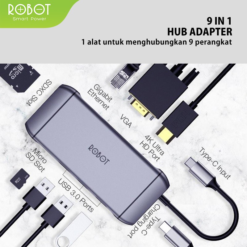 ROBOT HT490 9 in 1 USB C Hub Adapter With RJ45 HDMI 4K VGA 1080P PD 100W USB 3.0 SD/TF Card