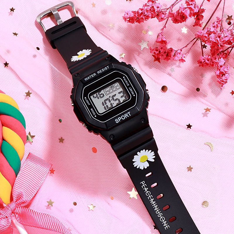 Jam Tangan Wanita Fashion Korea Style Digital Sport / Jam Tangan Strap Rubber Untuk Wanita-44-8 Hitam Bunga