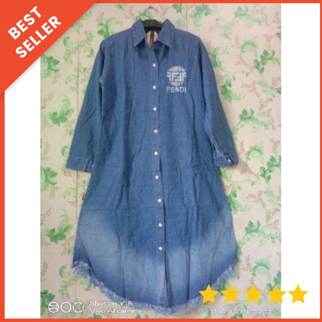 Long tunik Jeans wanita bordir Paris roma