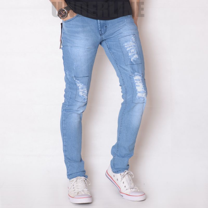 Celana jeans pria sobek lapis tidak tembus , Ripped jeans pria denim premium , jeans ripped original Underline