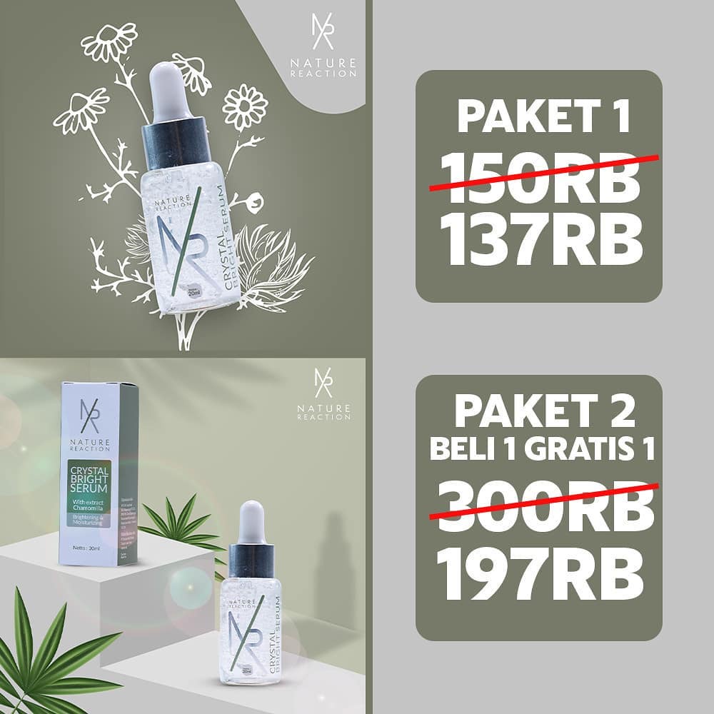 Serum Nature Reaction Crystal Bright Serum Pencerah Wajah Glowing Brightening Dan Moisturizing - 20m