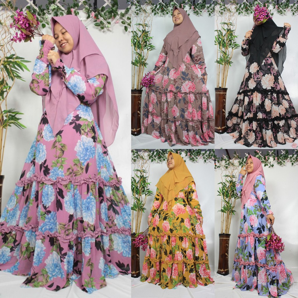 Gamis ceruty babydoll set khimar Friska Maura Haira Sheila ori bermerks model terbaru mix jersey premium motif rempel dan arfana printing motif babydoll rose