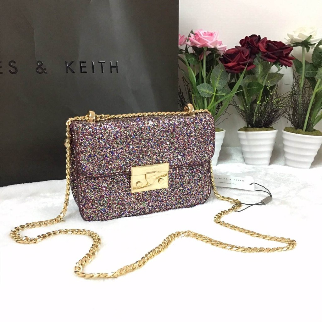 TAS CHARLES & KEITH PINK GLITTER CROSSBODY