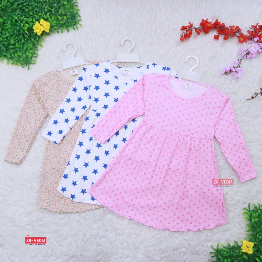 Dress Azizah 1-2 Tahun / Dres Anak Lengan Panjang Baju Harian Perempuan Fashion Kids Motif Adem