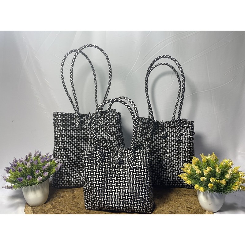 Tas Tote Wanita Anyaman Plastik Jali Warna Garis Putih / Tas Murah Jali Anyaman / Tas Belanja Pasar Berkualitas ~ READY STOK