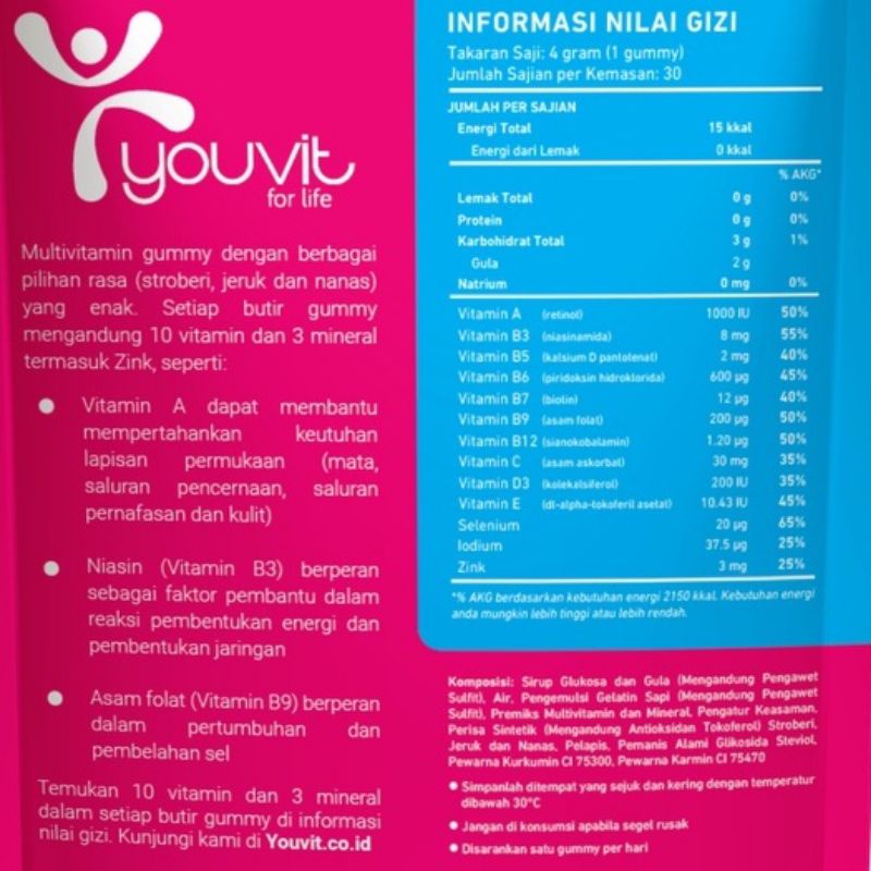 YouVit Multivitamin Anak Vitamin A B C D E Zinc 1 Sachet Rasa Stroberi Jeruk Nanas