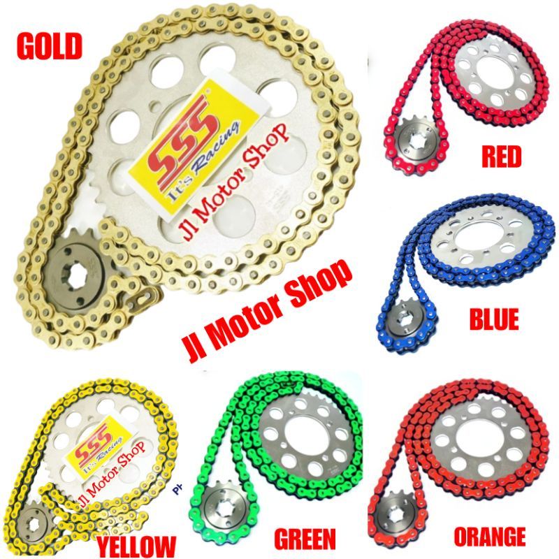 GIRSET GEARSET GIR GEAR SET SSS 428 CBR CB 150 R15 VIXION JUPITER MX KING SONIC MEGAPRO VERZA TIGER GL Pro Jupiter Z MX Vega Ninja Satria Supra GTR RXKING RXK RX KING KARISMA SUPRA RXZ BYSON CRYTON Rantai Warna GOLD MERAH HIJAU TUA KUNING BIRU