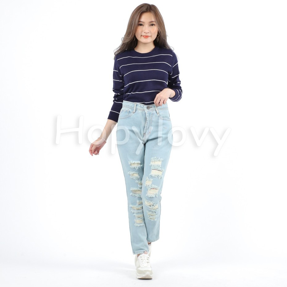 HOPYLOVY - Celana Boyfriend Jeans Wanita Aplikasi Ripped / Sobek Tembus Glen