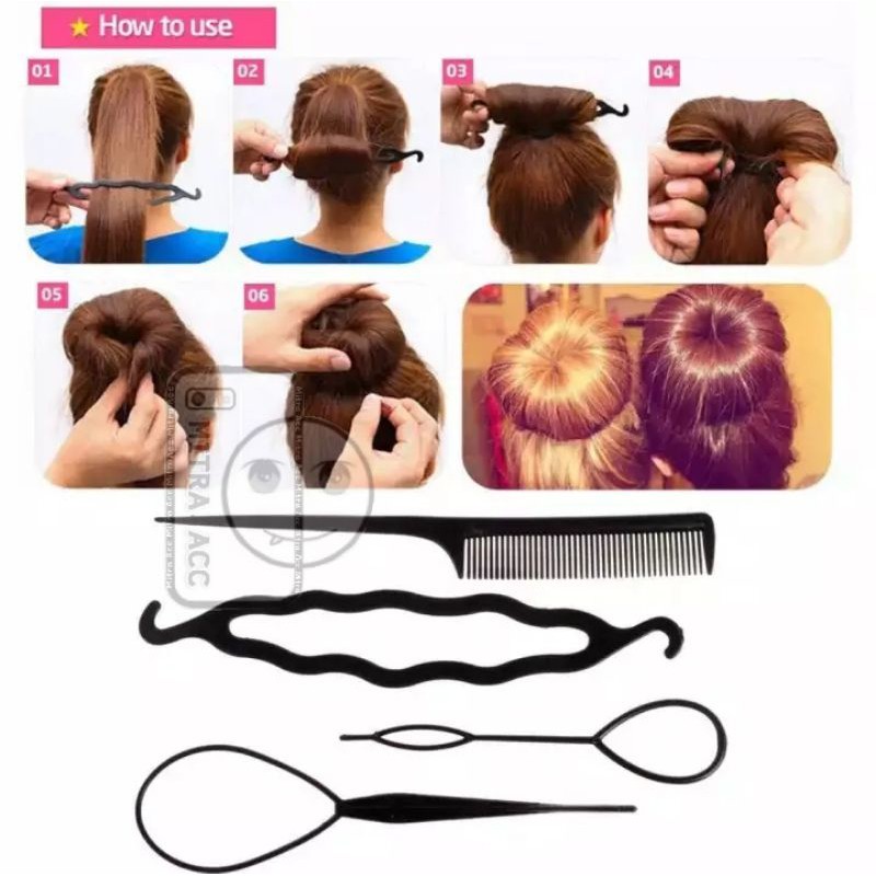 4Pcs/ SET Alat Styling Sanggul Rambut Kepang Konde /Alat Penata Rambut