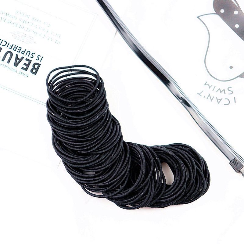 [100 PCS] Ikat Rambut Korea I Can Swim isi 100 pcs Warna Warni + Pouch-Full hitam