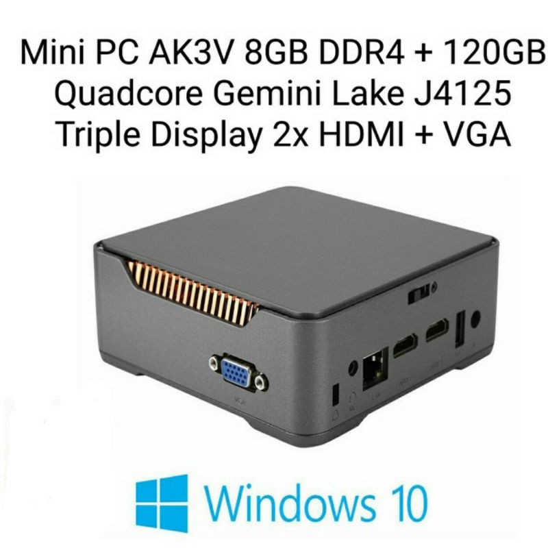 Mini PC AK3V 8/120GB Quadcore Intel Gemini Lake J4125 Windows 10 Pro Triple Display Dual HDMI VGA