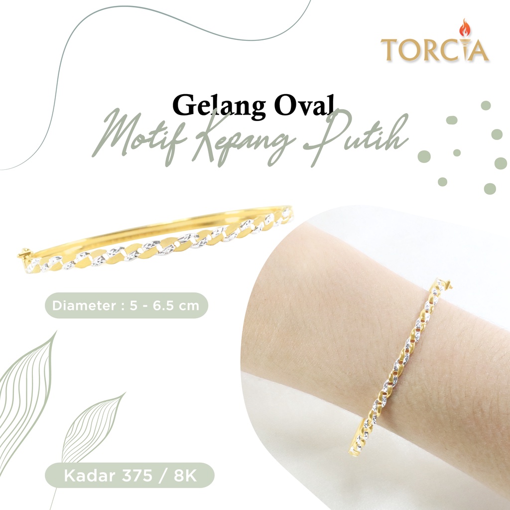 Gelang Oval Emas Asli Motif Kepang Putih Kadar 375 Torcia