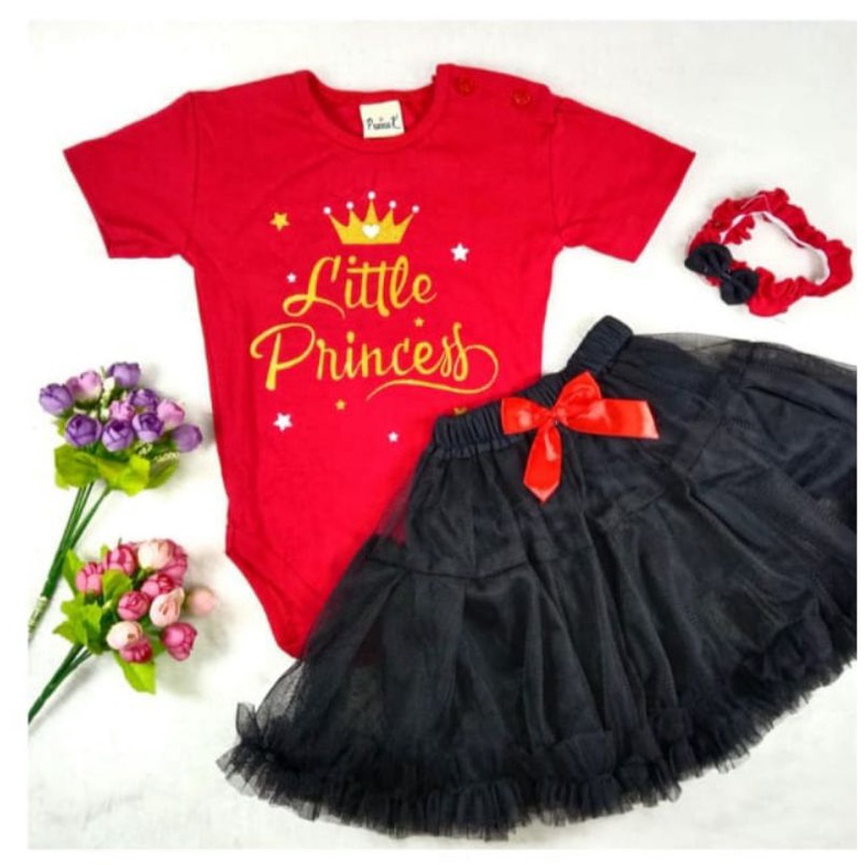 Baju Bayi Perempuan Setelan Jumper rok tutu 0-18 Bulan FREE BANDO pink tutu motif little princess