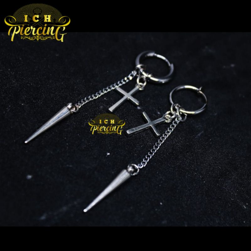 Anting Hoop gantungan model Salib Rantai  Anting Jepit dan Tindik PUNK KOREA Titanium steel