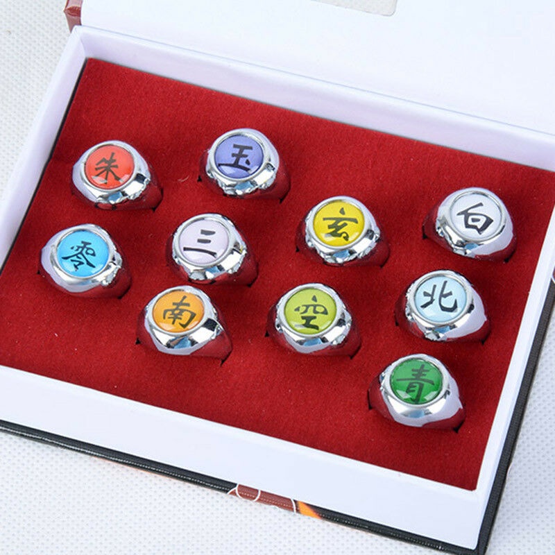 10pcs / Set Cincin Cosplay Naruto Akatsuki Uchiha Sasori Itachi Sharingan Dapat Disesuaikan Dengan Kotak Hadiah Untuk Pria Dan Wanita