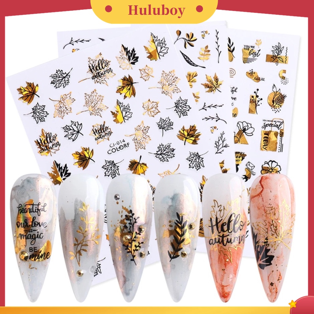 Huluboy Huluboy♡ Stiker Kuku 3D Motif Daun Maple Warna Emas Untuk Manicure