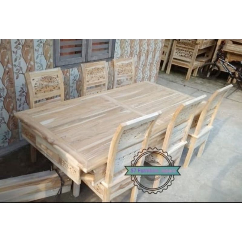 Set Kursi Meja Makan Besar Jati Ukiran Jepara 6 Kursi - Mentahan