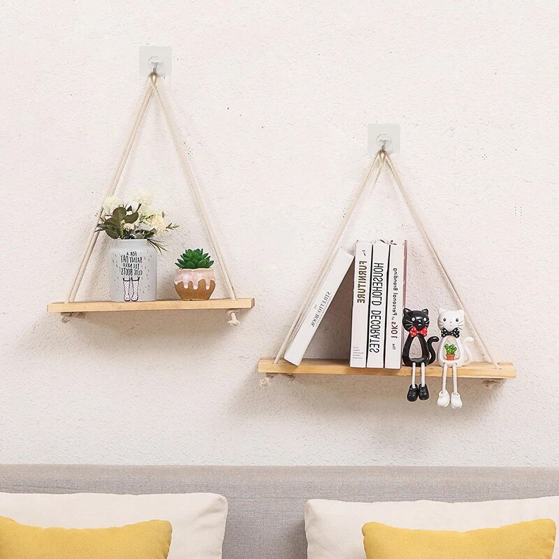 RAK DINDING MACRAME RAK KAYU TALI RAK GANTUNG TALI RAK DINDING RAK GANTUNG MINIMALIS FURNITURE RAK G