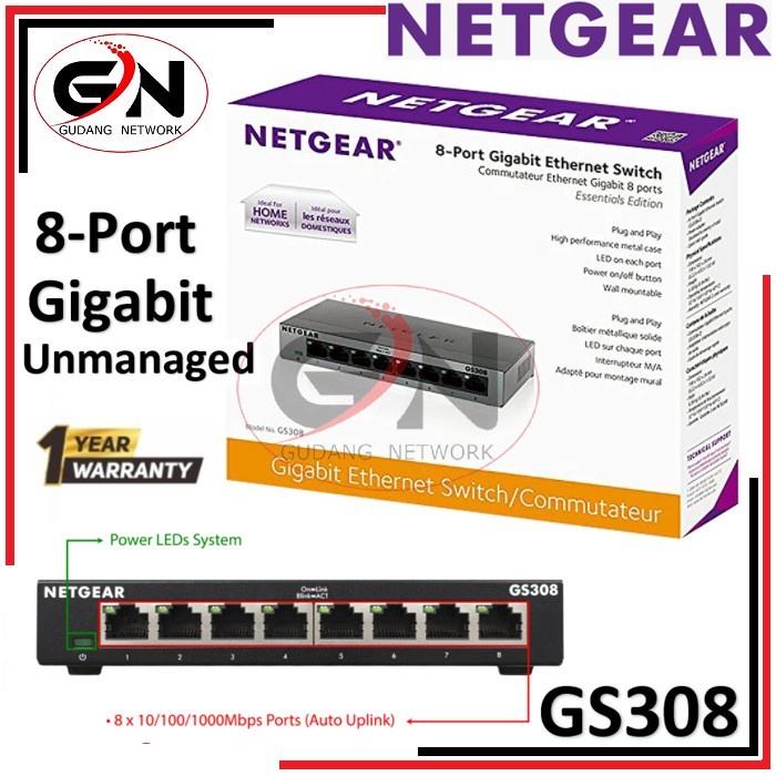 NETGEAR GS308 8 PORT GIGABIT ETHERNET UNMANAGED SWITCH