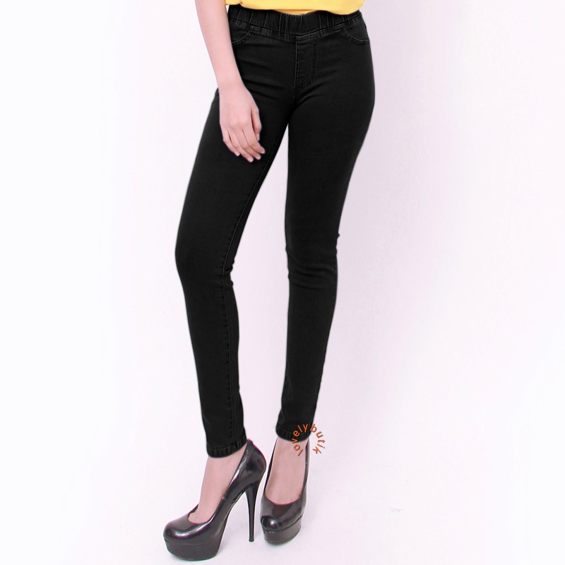 Lovelybutik Celana Legging Soft Jeans Wanita Pinggang karet Big Size dan Jumbo 31-33 Warna Hitam