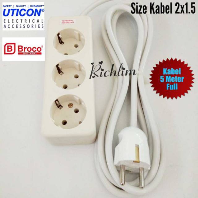 Stop Kontak/Terminal Kabel/Colokan Kabel 3 Lubang Uticon+Steker Arde Broco+Kabel 5 Meter