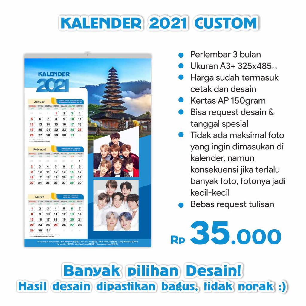 

Kalender 2022 Custom A3+ | 1 Lembar 3 BULAN | Custom Desain | Proses Cepat