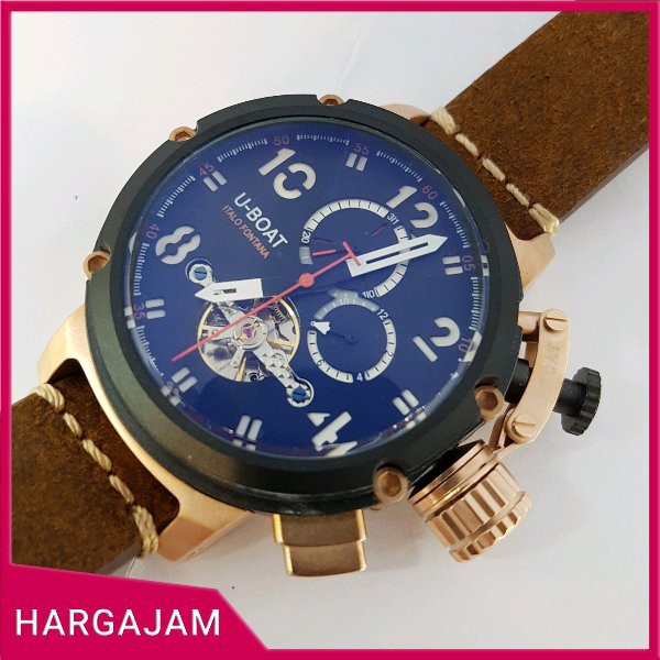 BARU Jam Tangan Pria Automatic Uboat U2301 Super Chrono Strap Leather Brown Bezel Rosegold